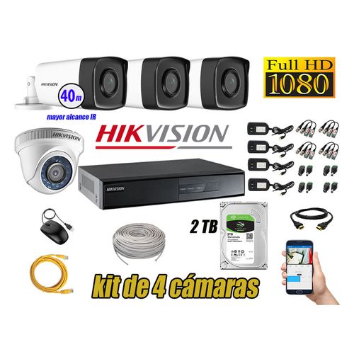 Kit 4 Cámaras de Seguridad It3F Hikvision Full Hd 1080P mas Disco 2Tb Mayor Alcance Hdmi