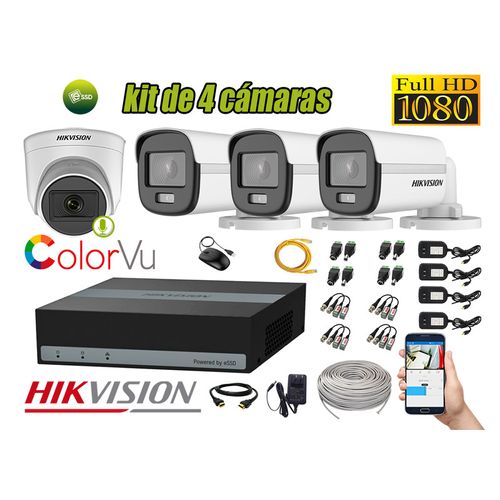 KIT 4 CÁMARAS SEGURIDAD 3 CÁMARAS COLORVU 2MP E-DVR eSSD 300GB