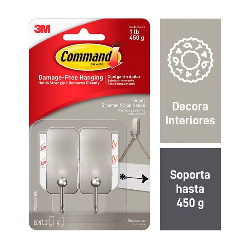 Gancho Decorativo 3M Command Pequeño Acero Templado/Níquel Satin x 2u.