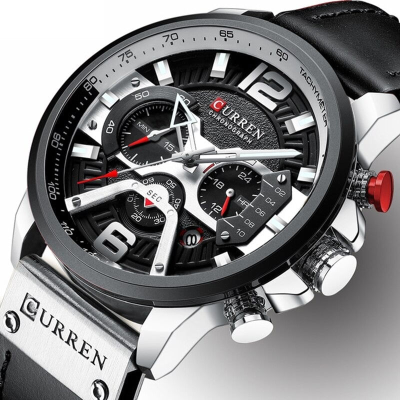 Reloj-Lujo-Hombre-CURREN-8329-Plata-Correa-Cuero-Cronografo