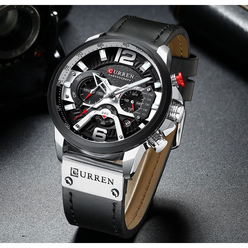 Reloj-Lujo-Hombre-CURREN-8329-Plata-Correa-Cuero-Cronografo
