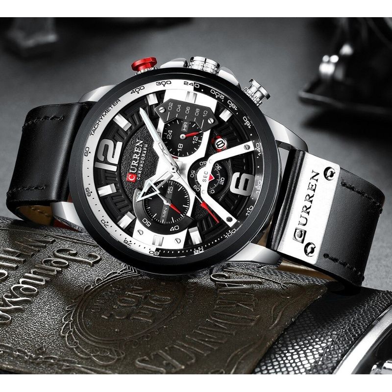 Reloj-Lujo-Hombre-CURREN-8329-Plata-Correa-Cuero-Cronografo