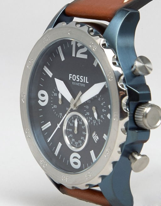 Reloj Fossil Nate JR1504 Fecha Cronometro Correa Cuero Marrón Dial