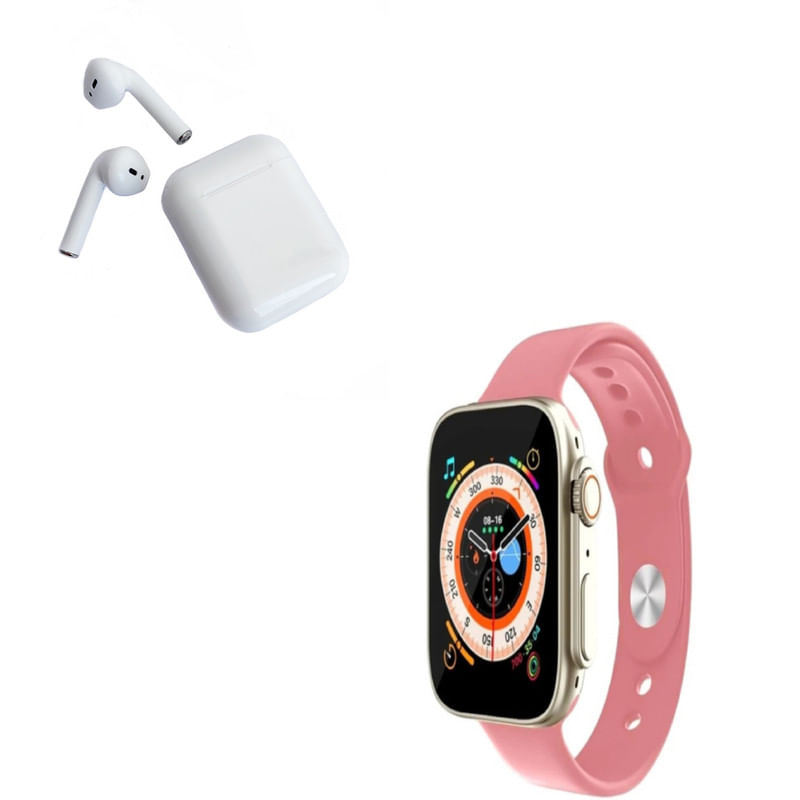 Smartwatch-Bluetooth-D20-Ultra-Rosado-y-Audifono-I12-Blanco