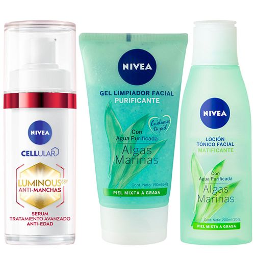 Pack NIVEA Gel Limpiador Piel Grasa 150ml + Sérum Facial Anti-imperfecciones 30ml + Loción Facial Piel Mixta a Grasa 200ml