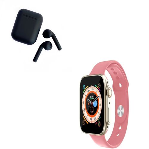 Smartwatch Bluetooth D20 Ultra Rosado y Audifono I12 Negro