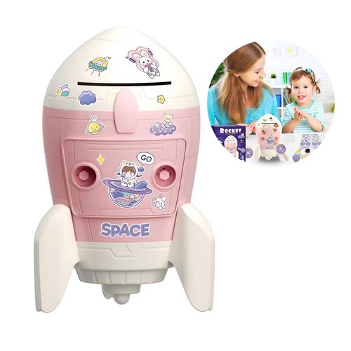 Alcancía modelo cohete con 2 llaves y stickers planos para niños Rosado