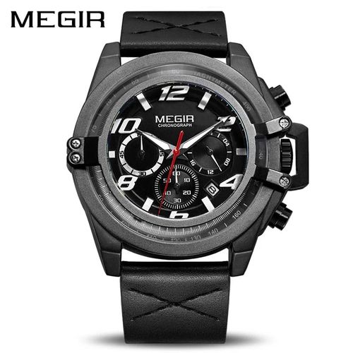 Reloj Megir Acero Negro y Cuero Negro MEG-42