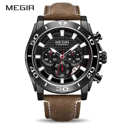 Reloj Megir Acero Negro y Cuero Marrón MEG-29