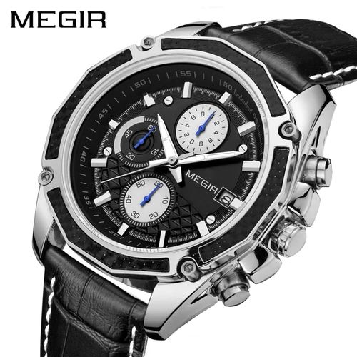 Reloj Megir Acero Plateado y Cuero Negro MEG-24