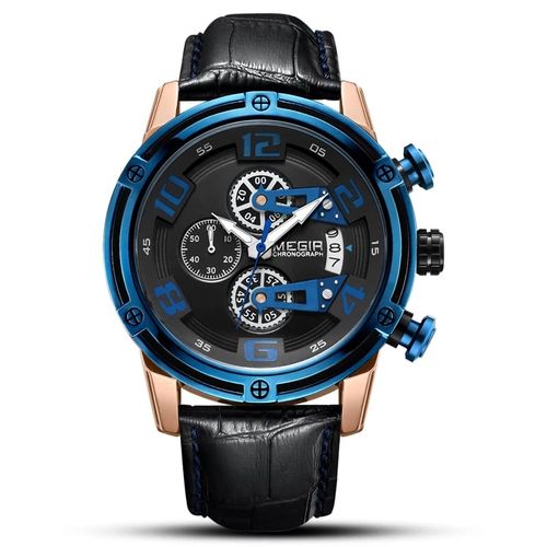 Reloj Megir Acero Oro Rosa Azul y Cuero Negro MEG-39