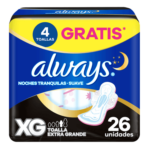 Toallas Higiénicas Always Noches Tranquilas Suave XG, 26 un