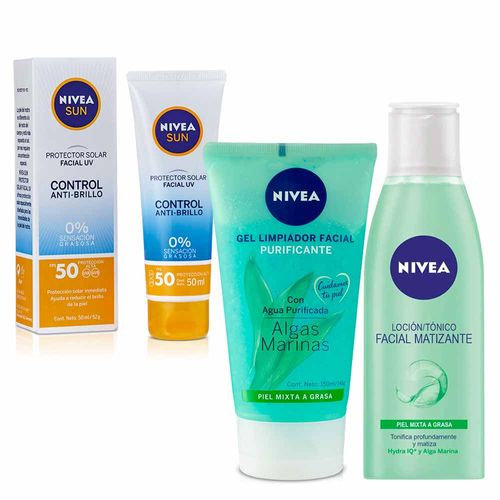 Pack NIVEA Bloqueador Facial Shine Control FPS50 50ml + Loción Facial Piel Mixta a Grasa 200ml + Gel Limpiador Piel Grasa 150ml