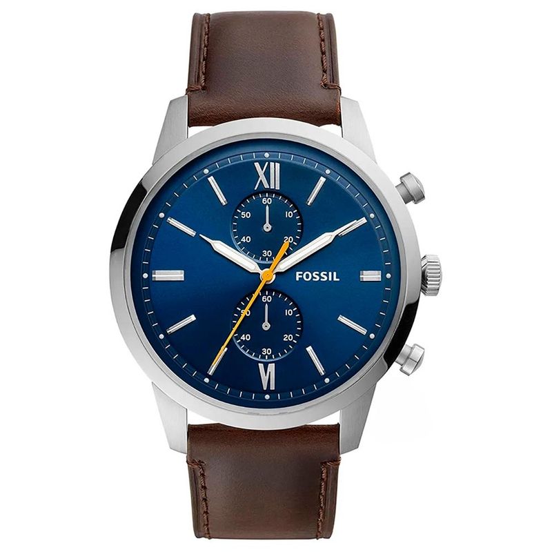 Reloj-Fossil-Townsman-FS5549-Cronometro-Correa-De-Cuero-Marron-Dial-Azul
