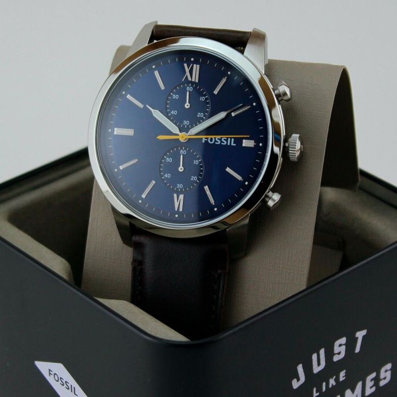 Reloj-Fossil-Townsman-FS5549-Cronometro-Correa-De-Cuero-Marron-Dial-Azul