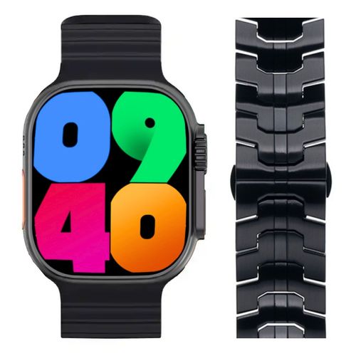 Combo Smart Watch W69 Plus Ultra Serie 8 y Correa Acero Iron Man Diamond Negro