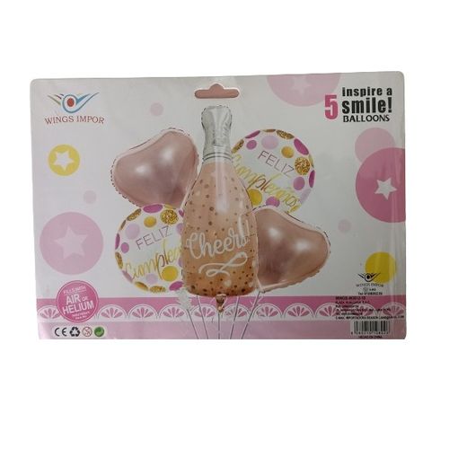 Set x 5 globos para mujer feliz cumpleaños botella oro rosa