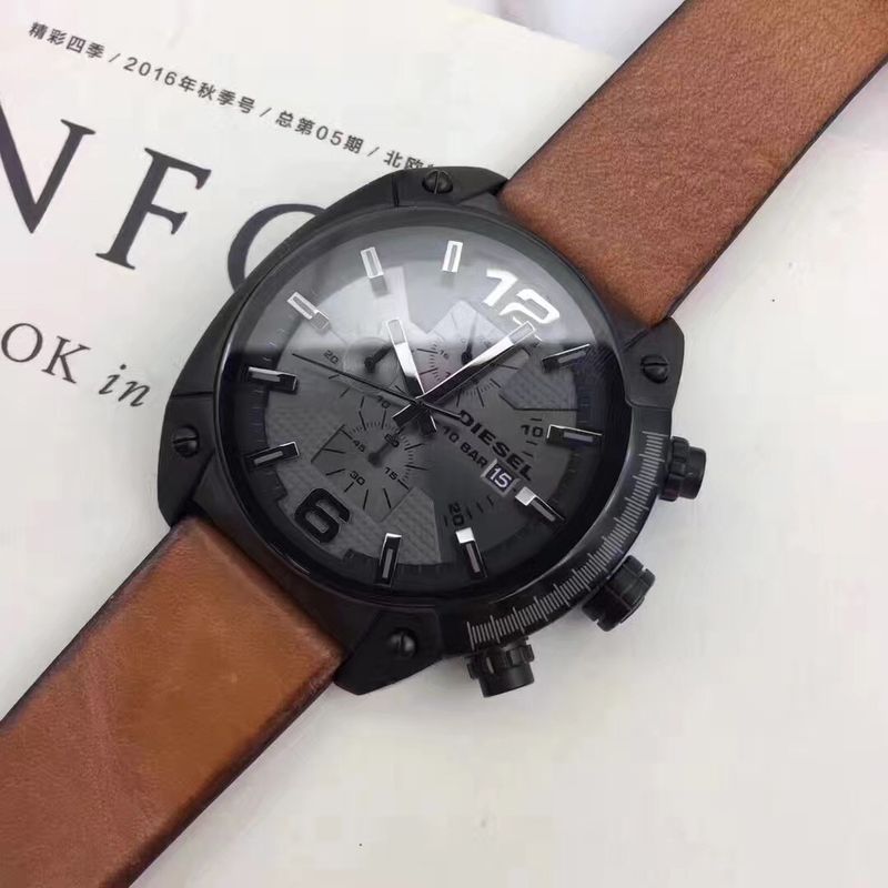Reloj-Diesel-Overflow-DZ4317-Fecha-Cronometro-Correa-de-Cuero-Marron-Acero-Negro