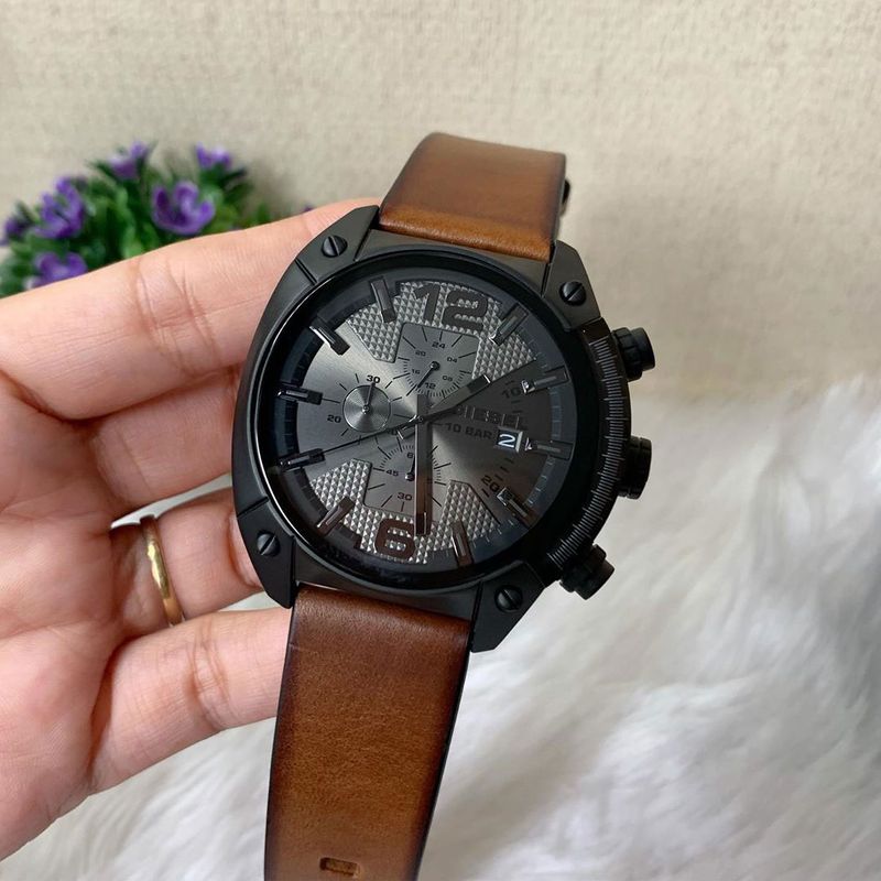 Reloj-Diesel-Overflow-DZ4317-Fecha-Cronometro-Correa-de-Cuero-Marron-Acero-Negro