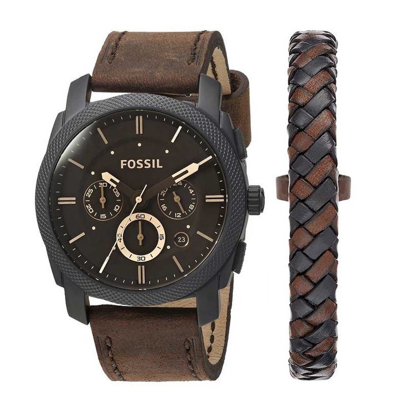 Reloj-Fossil-Machine-FS5251SET-Fecha-Cronometro-Acero-Inoxidable-con-Pulsera-de-Cuero-Marron