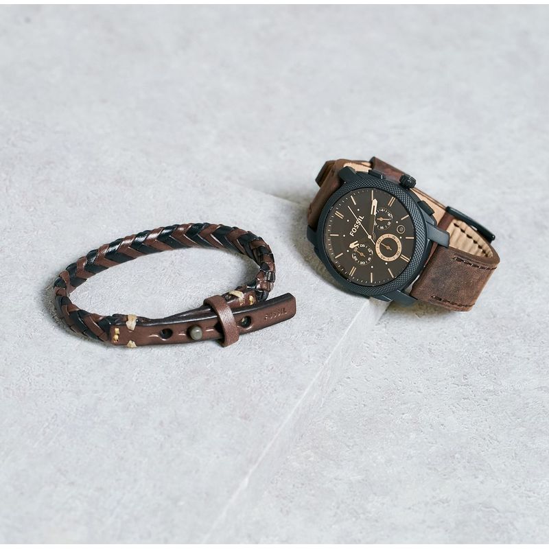 Reloj-Fossil-Machine-FS5251SET-Fecha-Cronometro-Acero-Inoxidable-con-Pulsera-de-Cuero-Marron