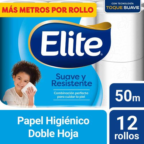 Papel Higiénico ELITE Suave y Resistente 50mts Paquete 12un