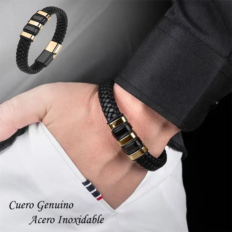 PULSERA-HOMBRE-CUERO-NEGRO-Y-ACERO-INOXIDABLE-DORADO-ACCESORIOS-HOMBRE
