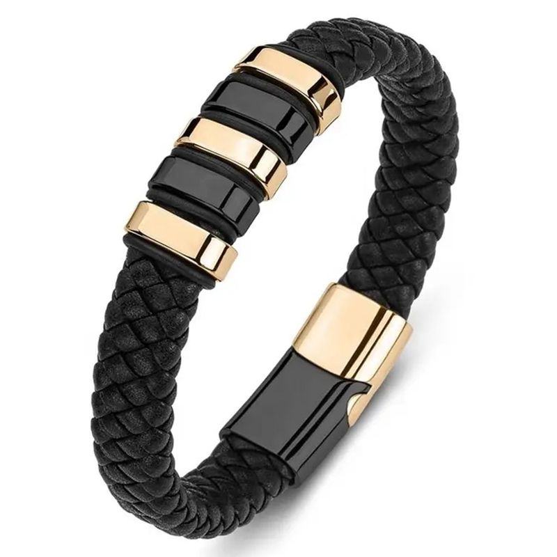 PULSERA-HOMBRE-CUERO-NEGRO-Y-ACERO-INOXIDABLE-DORADO-ACCESORIOS-HOMBRE