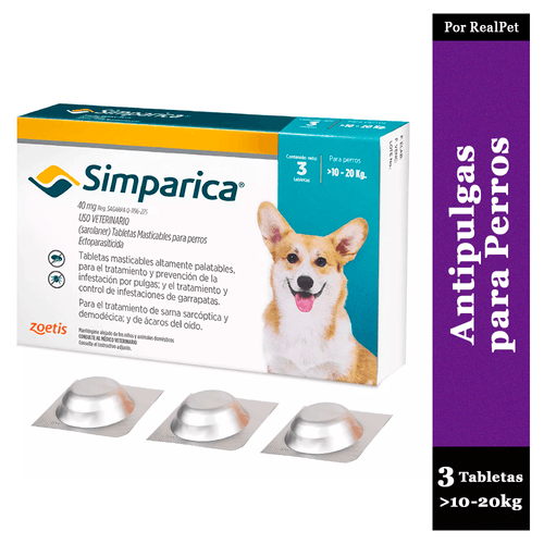 Antipulga Masticable Simparica Perros 10 - 20 kg 3 Tabletas