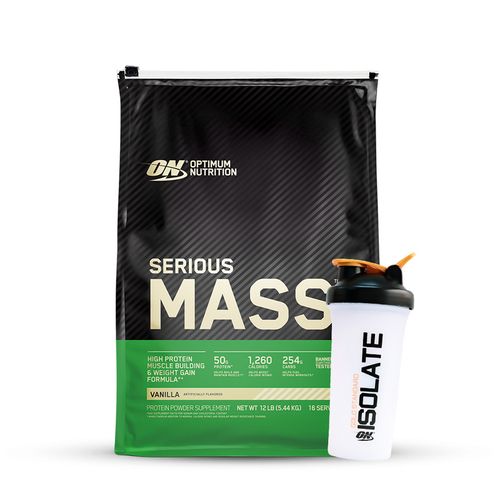 GANADOR DE MASA SERIOUS MASS 12LB VAINILLA + SHAKER GRATIS - OPTIMUM