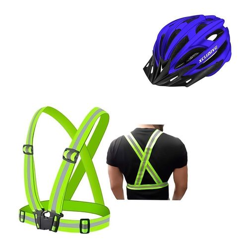 KIT DE PROTECCIÓN XCLUSIVE CASCO MTB AZUL C/L + CHALECO REFLECTIVO VERDE