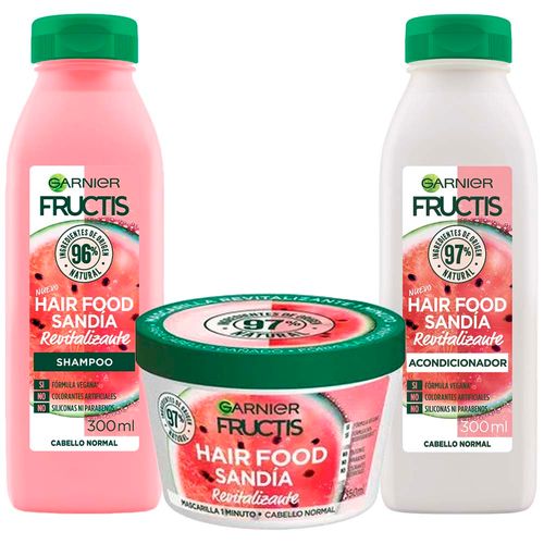 Pack FRUCTIS Shampoo Hair Food de Sandía Frasco 300ml + Acondicionador Frasco 300ml + Crema de Tratamiento 300ml