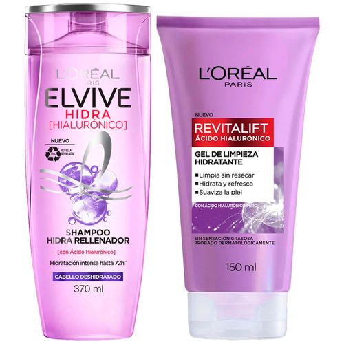 Pack Shampoo ELVIVE Ácido Hialurónico Frasco 370ml + Gel de Limpieza Hidratante L'ORÉAL Ácido Hialurónico Frasco 150ml