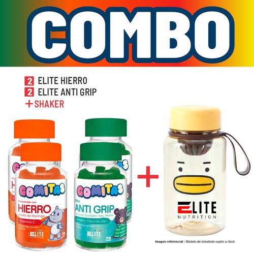 COMBO GOMITAS PARA NIÑOS ELITE NUTRITION KIDS - 2 ELITE HIERRO + 2 ELITE ANTI GRIP + SHAKER