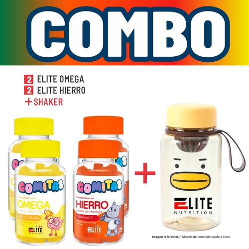 COMBO GOMITAS PARA NIÑOS ELITE NUTRITION KIDS - 2 ELITE OMEGA + 2 ELITE HIERRO + SHAKER