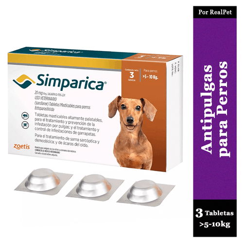 Antipulga Masticable Simparica Perros 5 - 10 kg 3 Tabletas