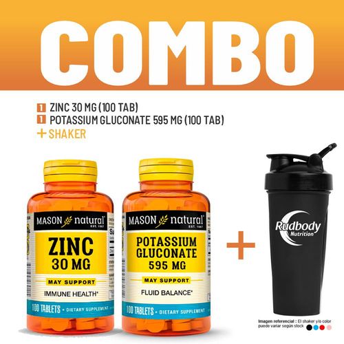 COMBO VITAMINAS MASON NATURAL - ZINC 30 MG (100 TAB) + POTASSIUM GLUCONATE 595 MG (100 TAB) + SHAKER