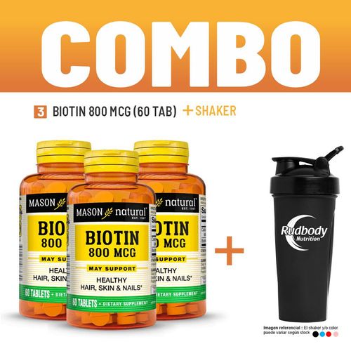 COMBO VITAMINAS MASON NATURAL - 3 BIOTIN 800 MCG (60 TAB) + SHAKER