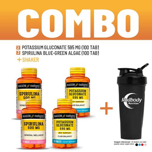 COMBO VITAMINAS MASON NATURAL - 2 POTASSIUM GLUCONATE 595 MG (100 TAB) + 2 SPIRULINA BLUE-GREEN ALGA