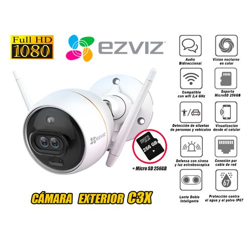 Cámara Seguridad Ezviz Wifi Tubo Exterior C3X Full Hd + Micro Sd 256Gb