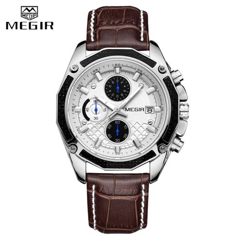 Reloj Megir Acero Plateado y Cuero Marrón MEG-23