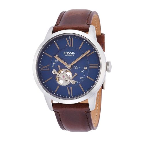 Reloj Fossil Automático Acero Plateado con Azul  y Cuero Marron ME3110 FOS-13