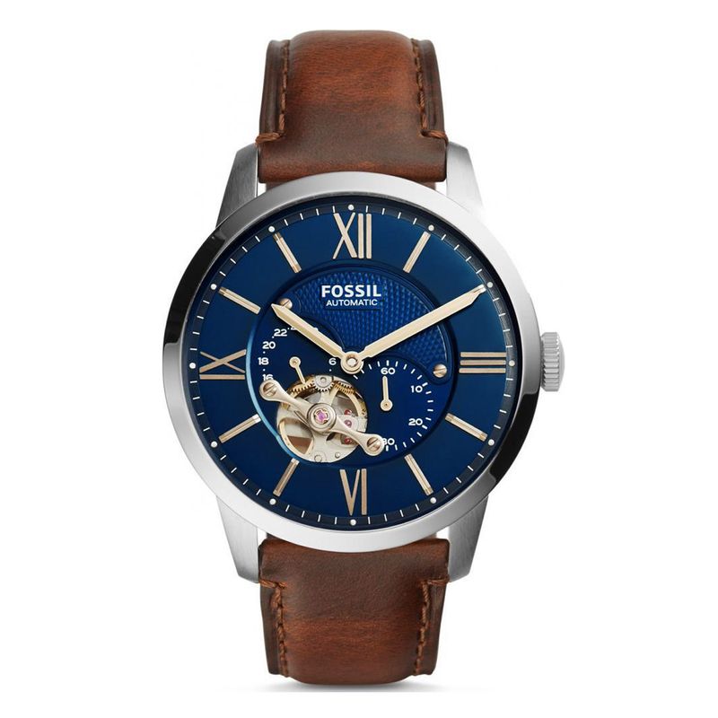 Reloj-Fossil-Automatico-Acero-Plateado-con-Azul--y-Cuero-Marron-ME3110-FOS-13