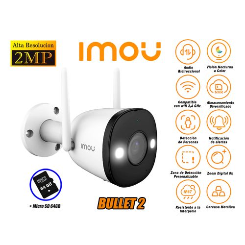 Cámara Seguridad Wi-Fi IMOU BULLET 2 2MP Full HD Externa Noche Color 64GB
