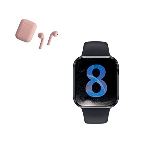 Smartwatch T900 Pro Max L Negro y audifono I12 Rosado