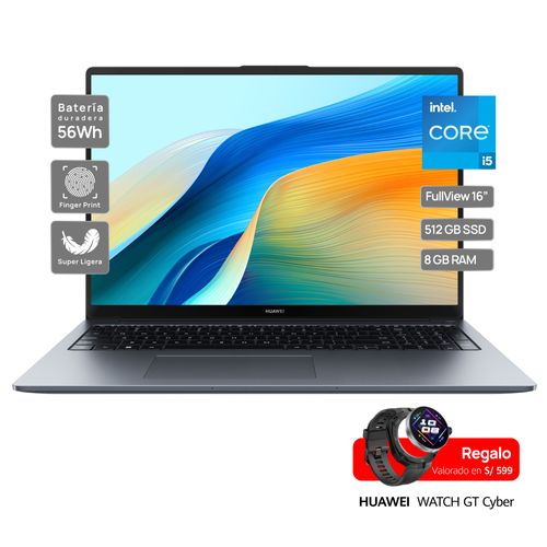 Laptop HUAWEI MateBook D16 2024 16" i5-12450H 512GB SSD 8GB RAM + Watch GT Cyber de Regalo