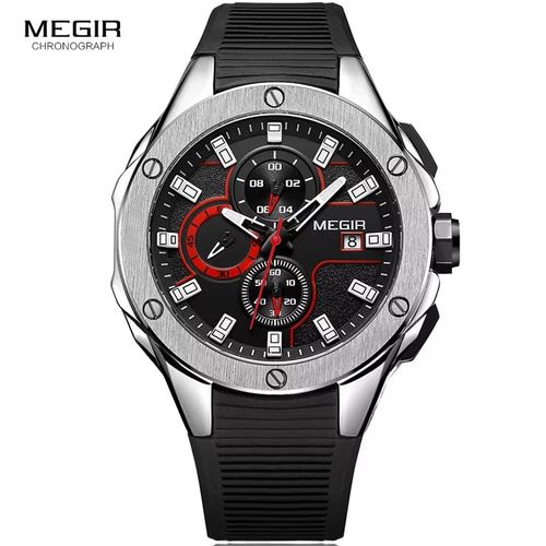 Reloj Megir Acero Plateado y Silicona Negro MEG-14