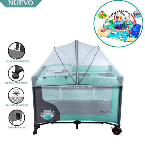 Cuna Corral Ebaby con Cambiador Happy Dream Verde + Gimnasio Multifuncional 5 en 1