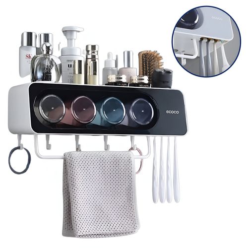 Organizador accesorio de Baño  con 4 vasos de enjuague, portacepillos y colgador multiuso Negro