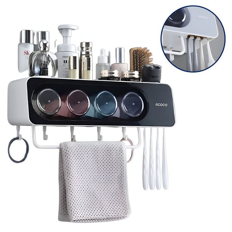 Organizador-accesorio-de-Baño--con-4-vasos-de-enjuague-portacepillos-y-colgador-multiuso-Negro